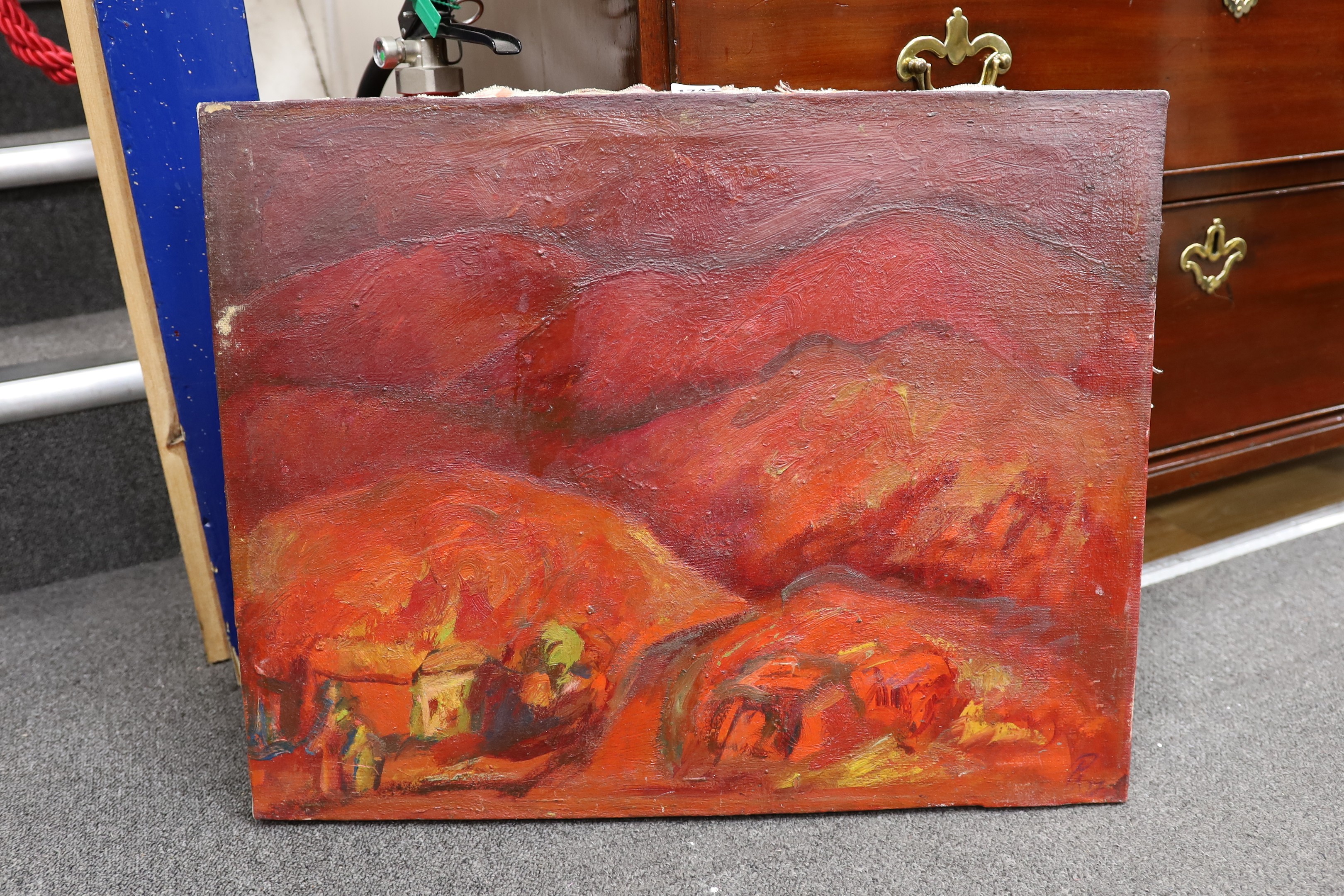 Panussa (Russian School), oil on canvas, Mountain landscape, initialled and dated '87, 48 x 61cm, unframed